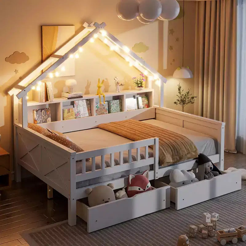 Lit plateforme pour enfant en forme de maison avec lumières LED et tiroirs de rangement