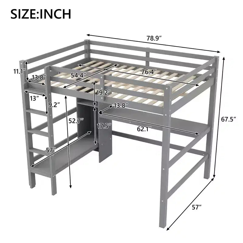 Lit mezzanine double avec bureau intégré et étagères multifonctions - Bois de pin