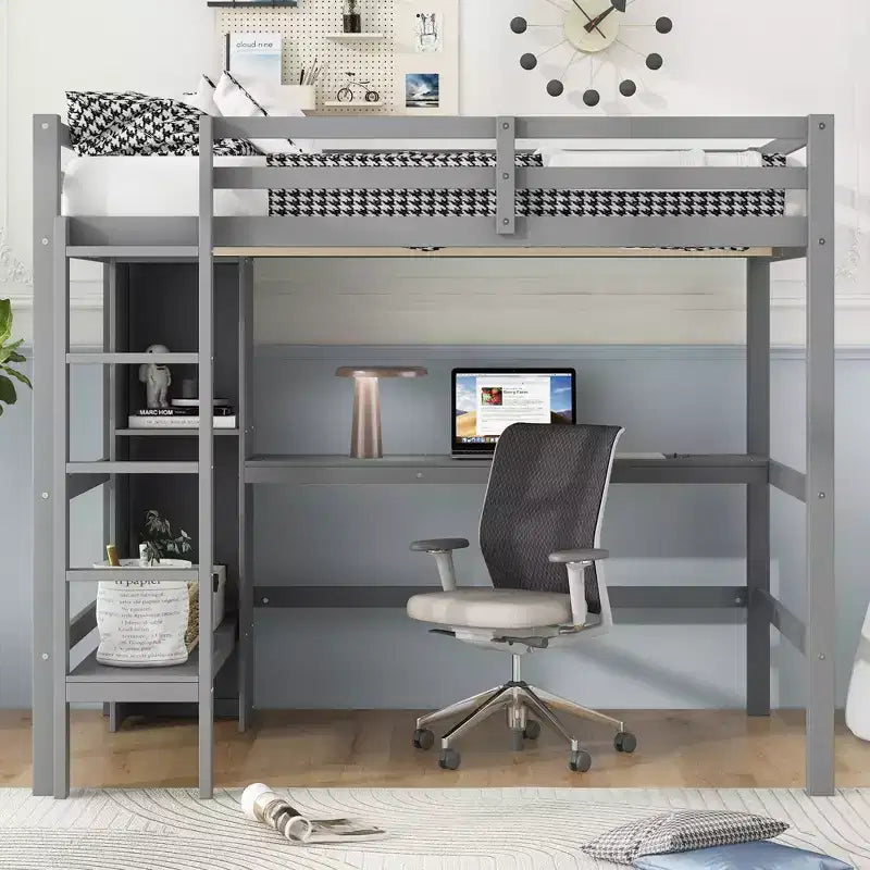 Lit mezzanine double avec bureau intégré et étagères multifonctions - Bois de pin