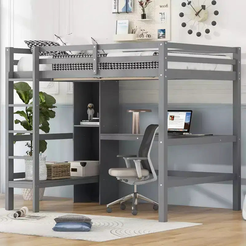 Lit mezzanine double avec bureau intégré et étagères multifonctions - Bois de pin
