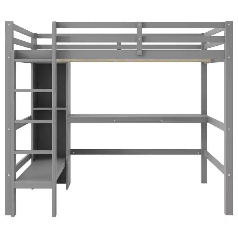 Lit mezzanine double avec bureau intégré et étagères multifonctions - Bois de pin