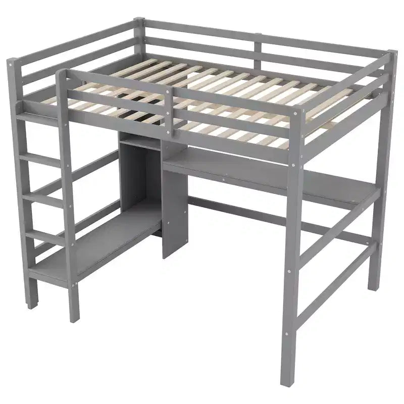 Lit mezzanine double avec bureau intégré et étagères multifonctions - Bois de pin