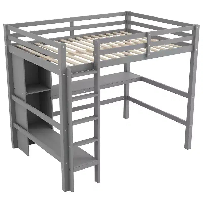 Lit mezzanine double avec bureau intégré et étagères multifonctions - Bois de pin