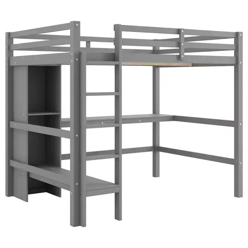 Lit mezzanine double avec bureau intégré et étagères multifonctions - Bois de pin