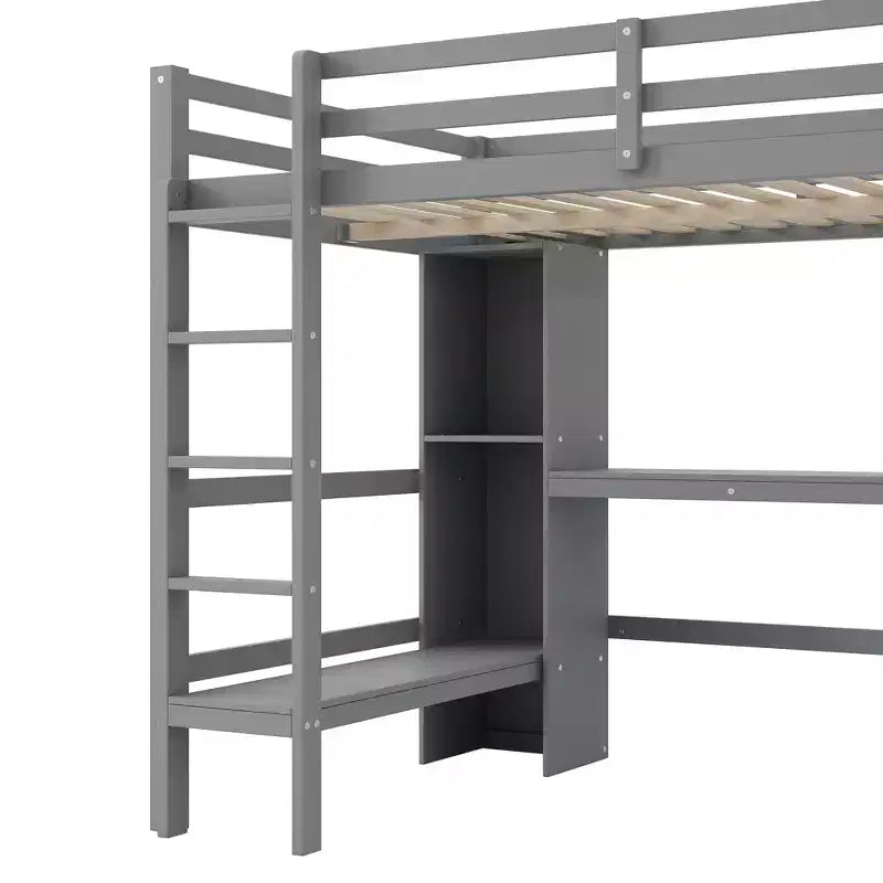 Lit mezzanine double avec bureau intégré et étagères multifonctions - Bois de pin