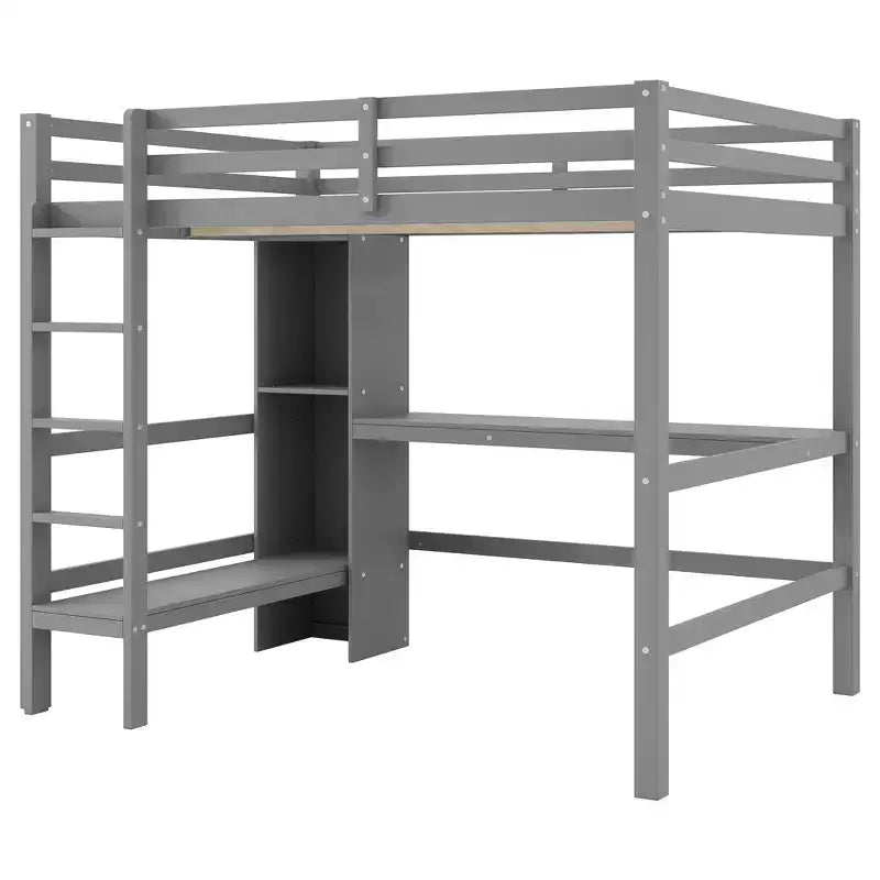 Lit mezzanine double avec bureau intégré et étagères multifonctions - Bois de pin