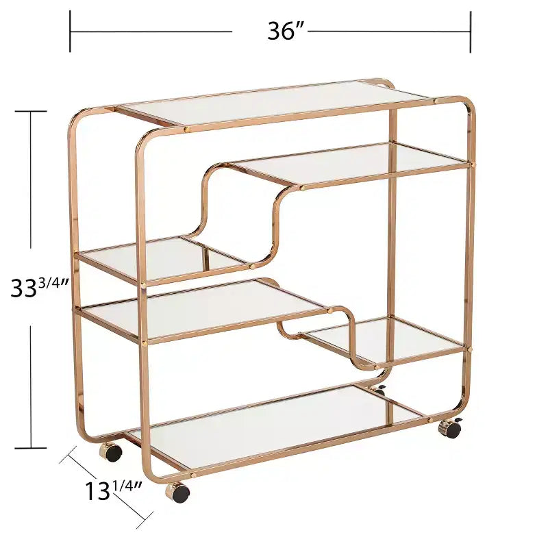 Chariot de bar Art déco à miroir avec 6 étagères et roulettes verrouillables - Doré
