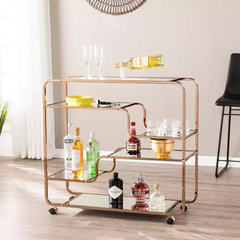 Chariot de bar Art déco à miroir avec 6 étagères et roulettes verrouillables - Doré