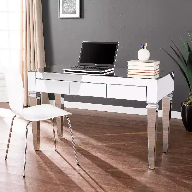 Bureau miroir glamour avec 3 tiroirs de rangement - Argenté