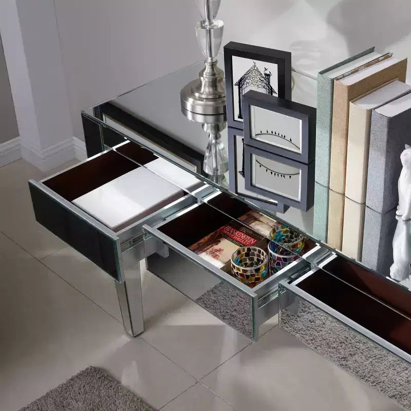 Bureau miroir glamour avec 3 tiroirs de rangement - Argenté