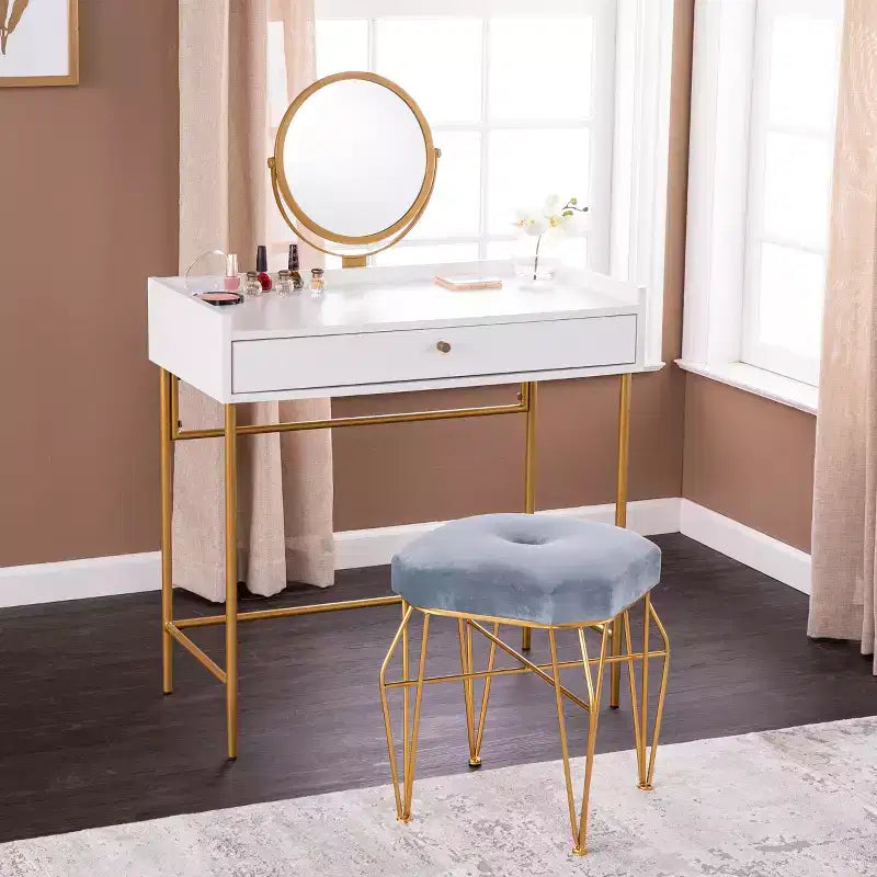 Coiffeuse avec miroir pivotant à 360° et tiroir - Doré et blanc