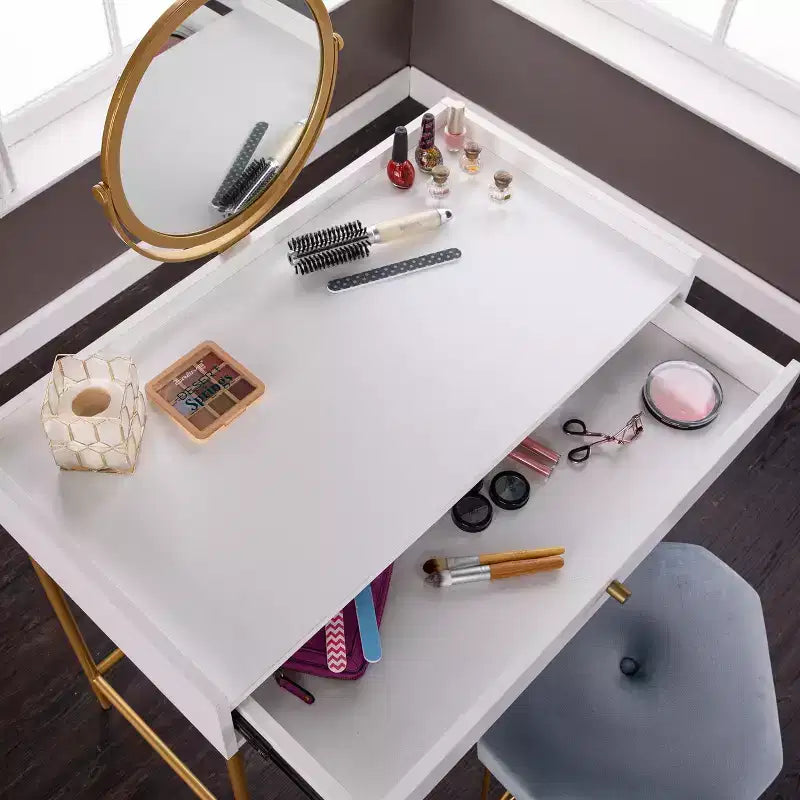 Coiffeuse avec miroir pivotant à 360° et tiroir - Doré et blanc