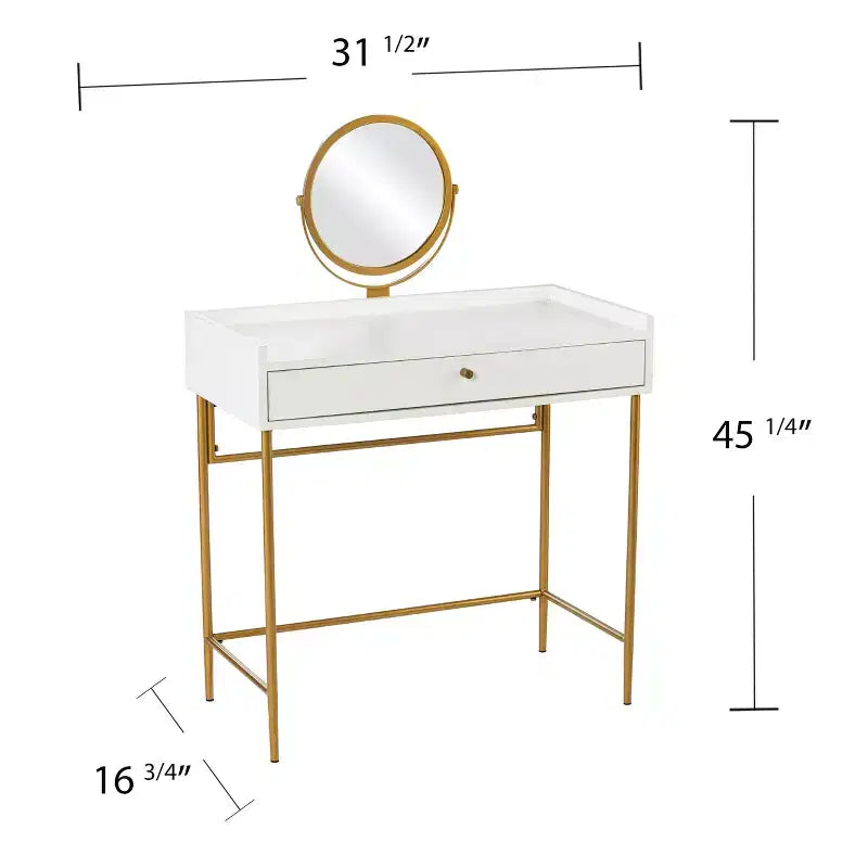Coiffeuse avec miroir pivotant à 360° et tiroir - Doré et blanc