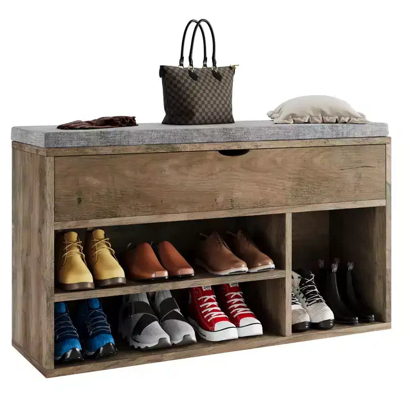 Banc de rangement à chaussures rembourré marron avec 2 étagères - Entrée et salon