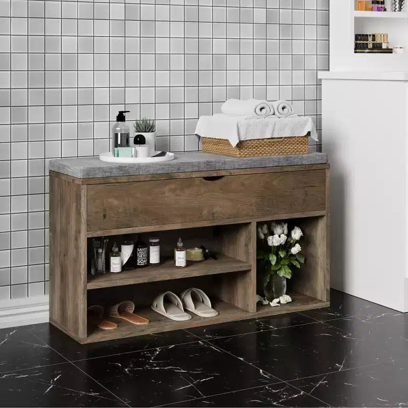 Banc de rangement à chaussures rembourré marron avec 2 étagères - Entrée et salon