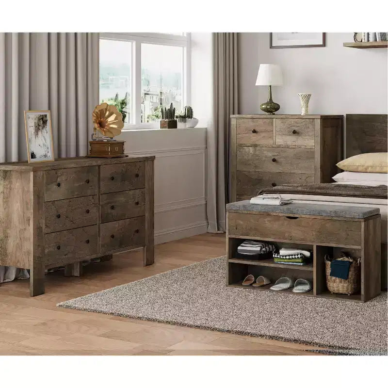 Banc de rangement à chaussures rembourré marron avec 2 étagères - Entrée et salon