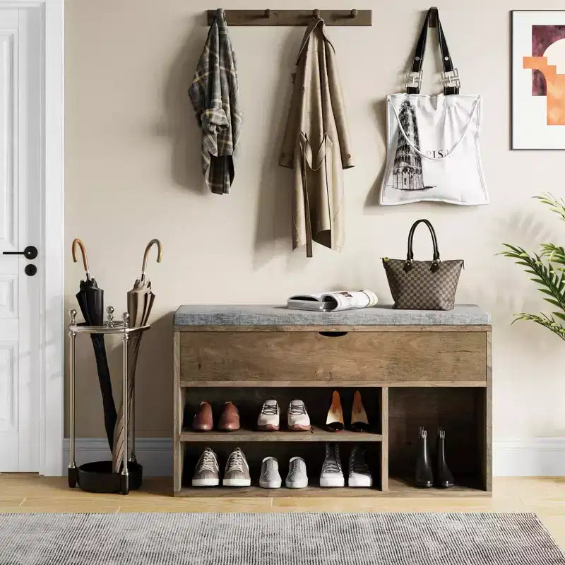 Banc de rangement à chaussures rembourré marron avec 2 étagères - Entrée et salon