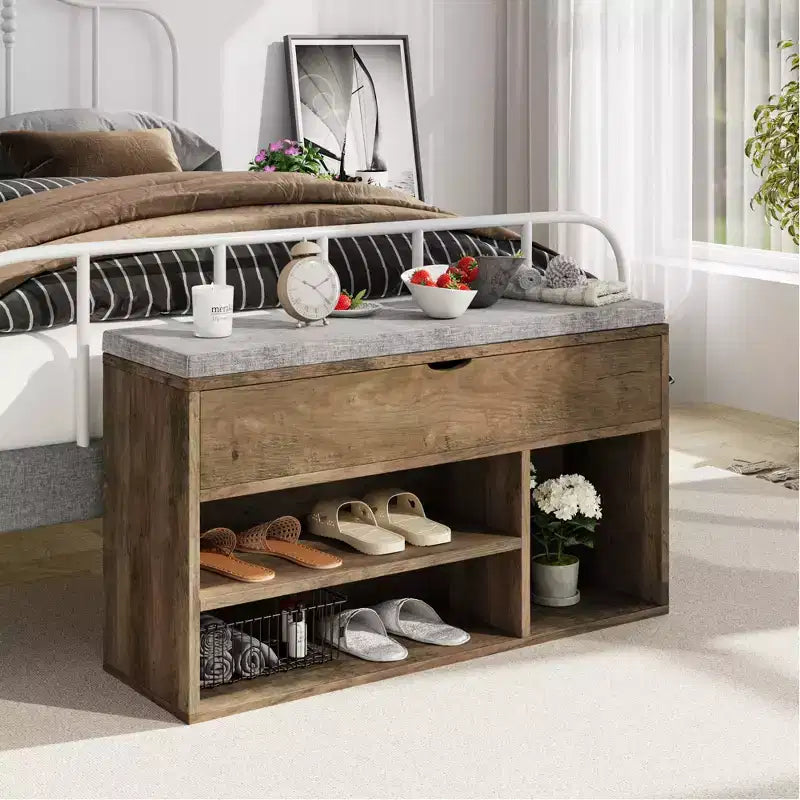 Banc de rangement à chaussures rembourré marron avec 2 étagères - Entrée et salon