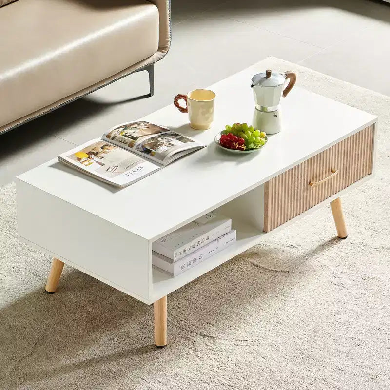 Table basse rectangulaire moderne avec tiroir coulissant et pieds en bois massif - Blanc