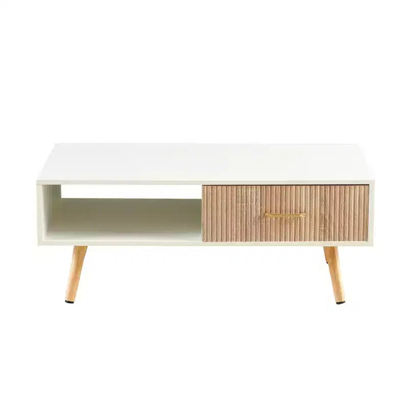 Table basse rectangulaire moderne avec tiroir coulissant et pieds en bois massif - Blanc