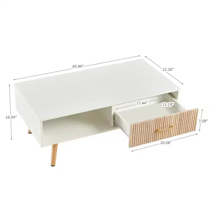 Table basse rectangulaire moderne avec tiroir coulissant et pieds en bois massif - Blanc