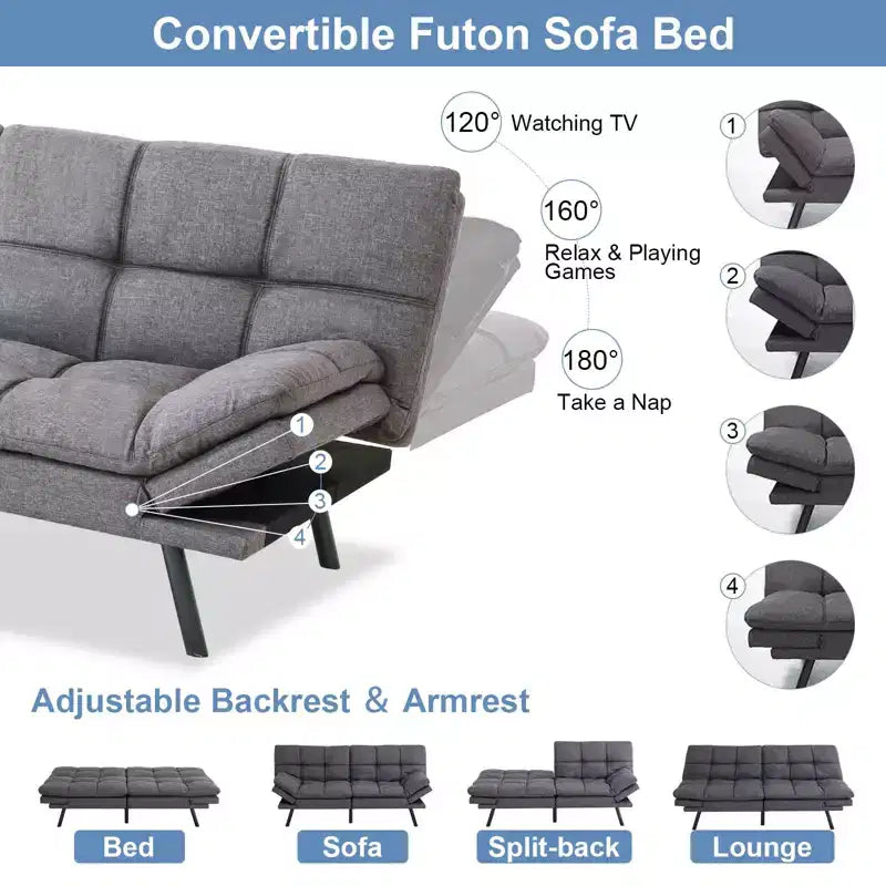 Canapé Futon Convertible avec Mousse à Mémoire de Forme 71" - Banquette-lit Dossier Inclinable
