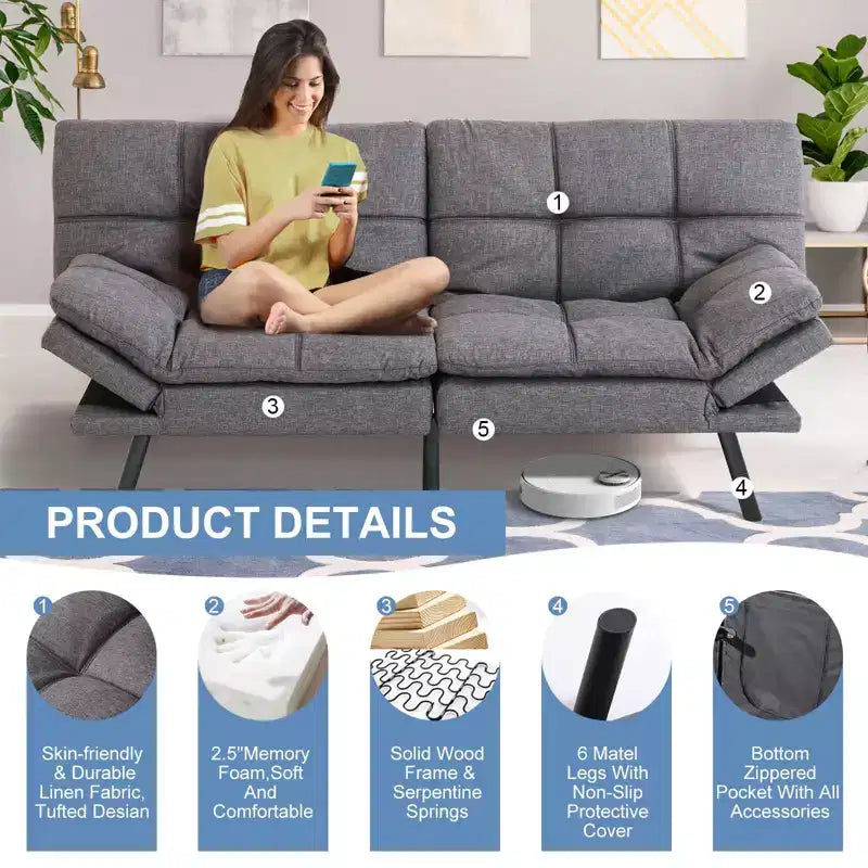 Canapé Futon Convertible avec Mousse à Mémoire de Forme 71" - Banquette-lit Dossier Inclinable