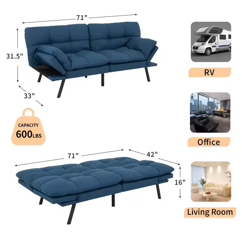 Canapé Futon Convertible avec Mousse à Mémoire de Forme 71" - Banquette-lit Dossier Inclinable