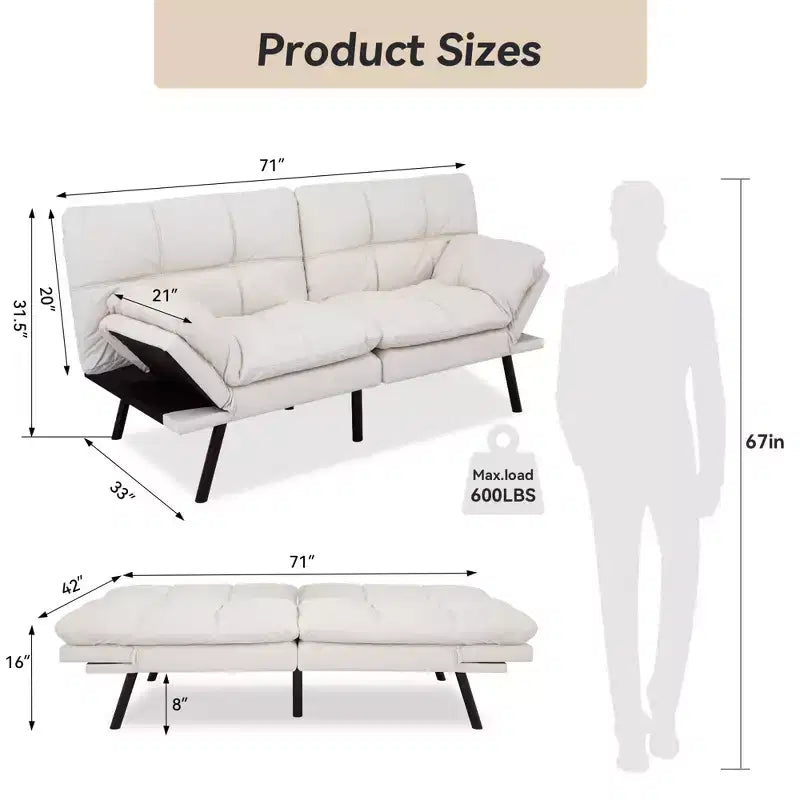 Canapé Futon Convertible avec Mousse à Mémoire de Forme 71" - Banquette-lit Dossier Inclinable