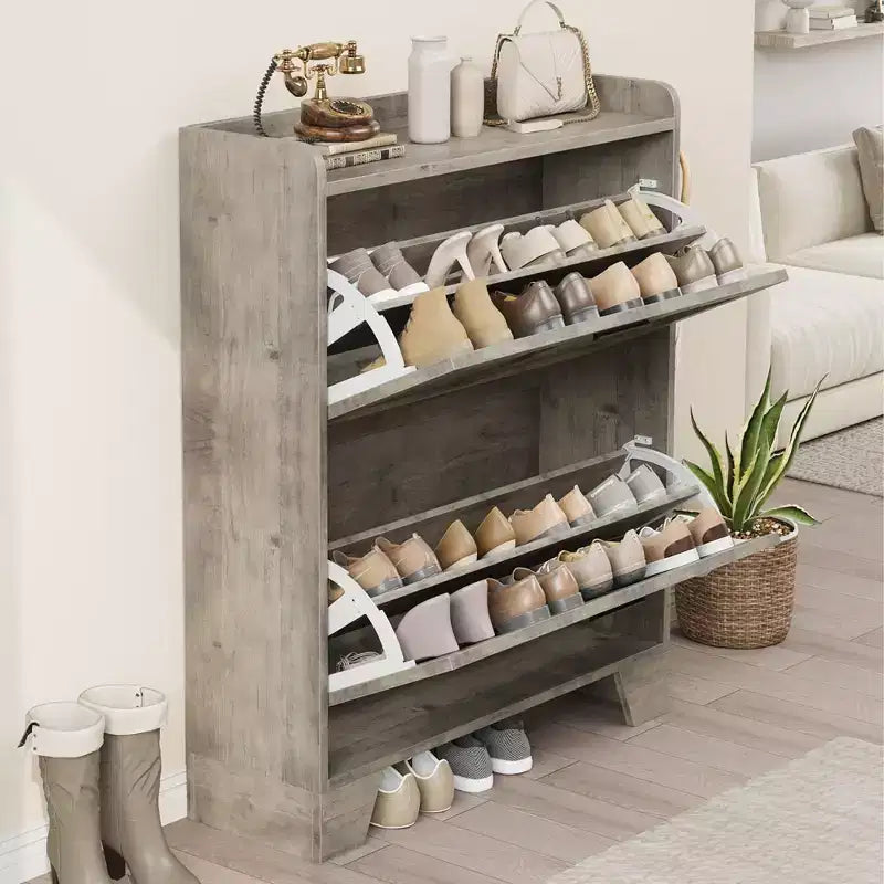 Meuble à Chaussures Étroit avec 2 Tiroirs Abattants, Portes Persiennes et Crochets
