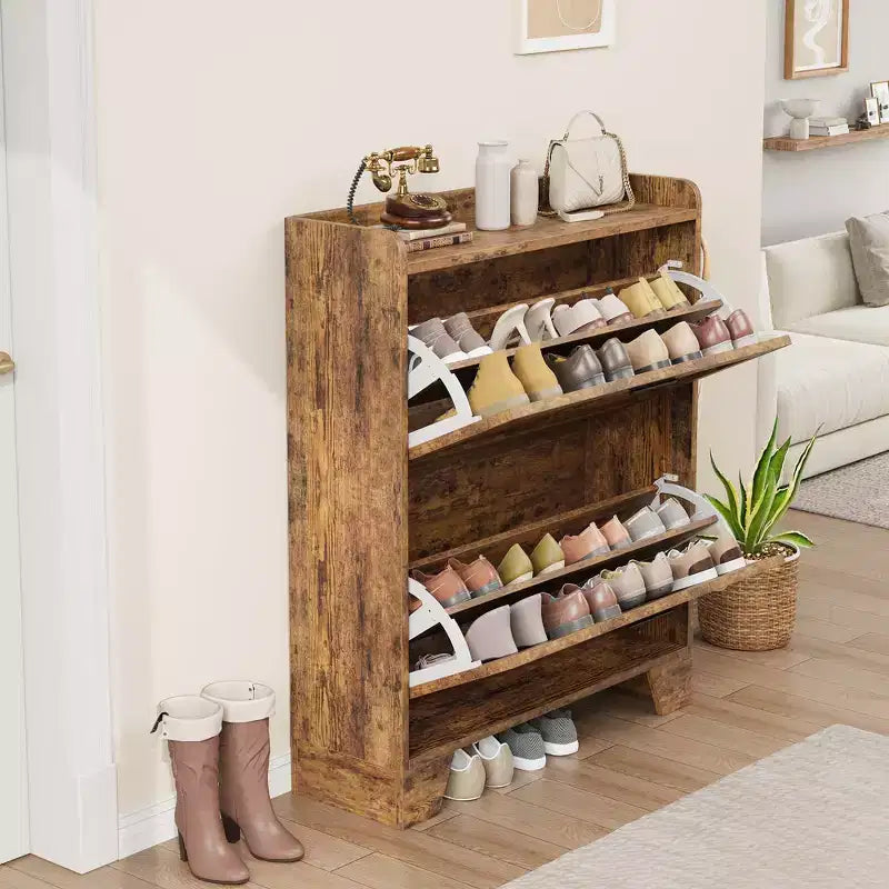 Meuble à Chaussures Étroit avec 2 Tiroirs Abattants, Portes Persiennes et Crochets