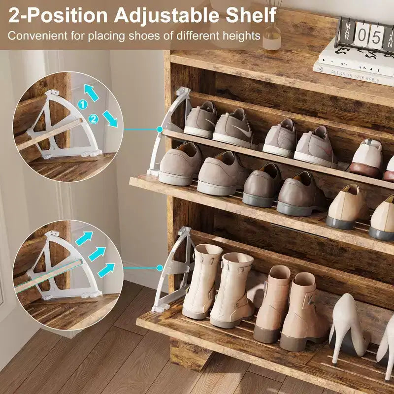 Meuble à Chaussures Étroit avec 2 Tiroirs Abattants, Portes Persiennes et Crochets