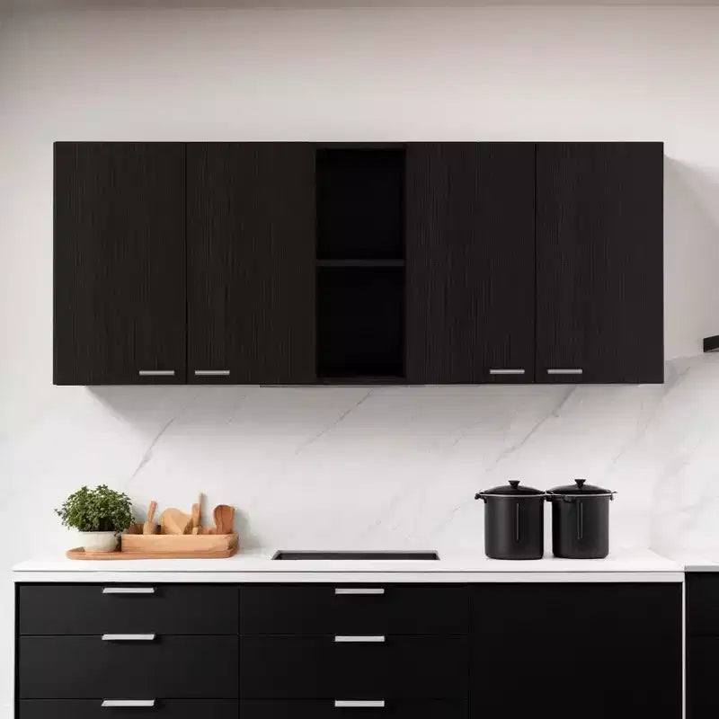 Meuble mural d'appoint en bois noir de 150 cm avec cinq étagères