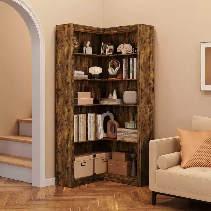 Bibliothèque d'angle en forme de L de 182,4 cm de haut - Étagères industrielles en bois de style rustique à 5 niveaux