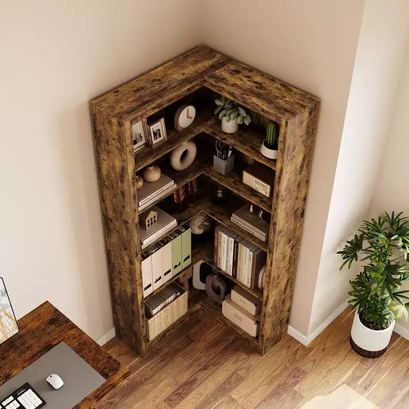 Bibliothèque d'angle en forme de L de 182,4 cm de haut - Étagères industrielles en bois de style rustique à 5 niveaux
