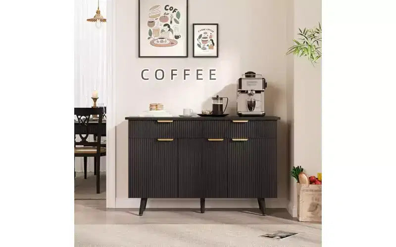 Buffet bas de 119 cm avec 3 portes cannelées et 2 tiroirs - Noir