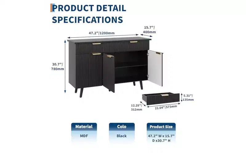 Buffet bas de 119 cm avec 3 portes cannelées et 2 tiroirs - Noir