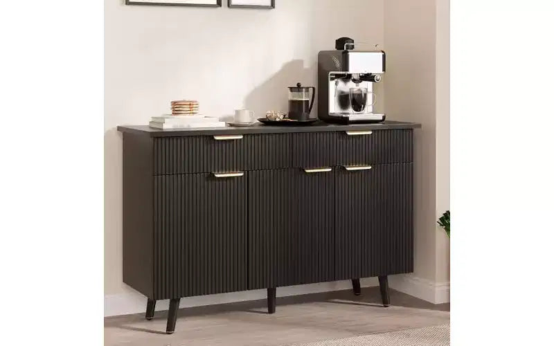 Buffet bas de 119 cm avec 3 portes cannelées et 2 tiroirs - Noir