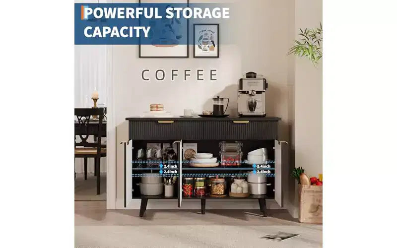 Buffet bas de 119 cm avec 3 portes cannelées et 2 tiroirs - Noir