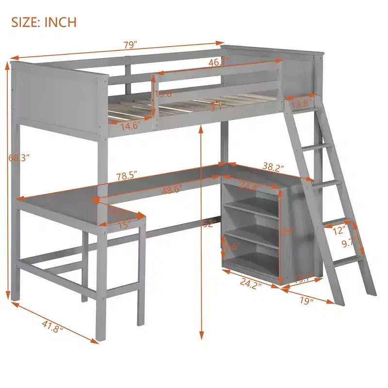 Lit mezzanine simple avec étagères et bureau - Pin massif, gris