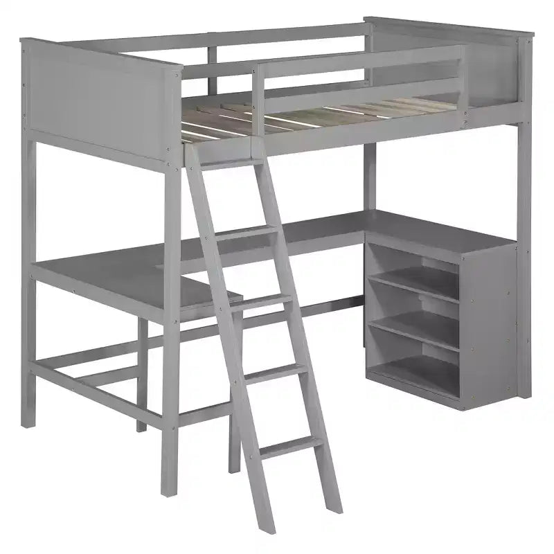 Lit mezzanine simple avec étagères et bureau - Pin massif, gris