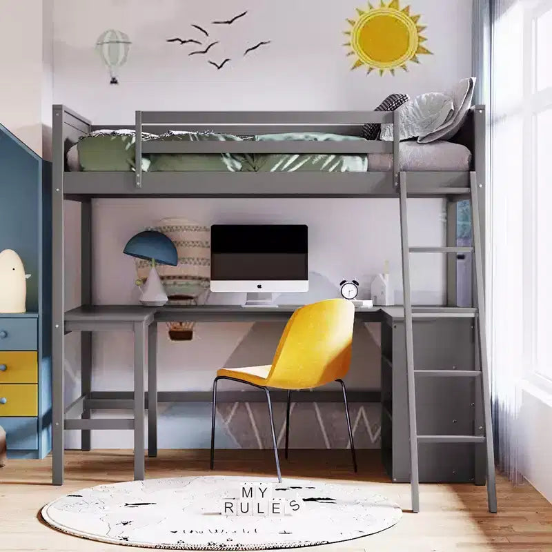 Lit mezzanine simple avec étagères et bureau - Pin massif, gris