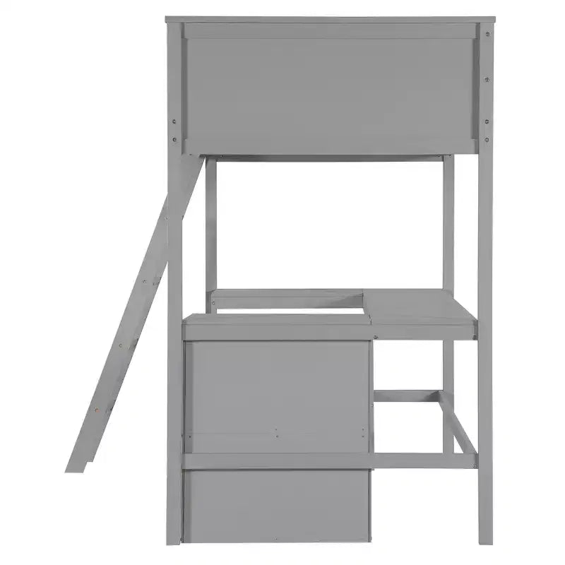 Lit mezzanine simple avec étagères et bureau - Pin massif, gris