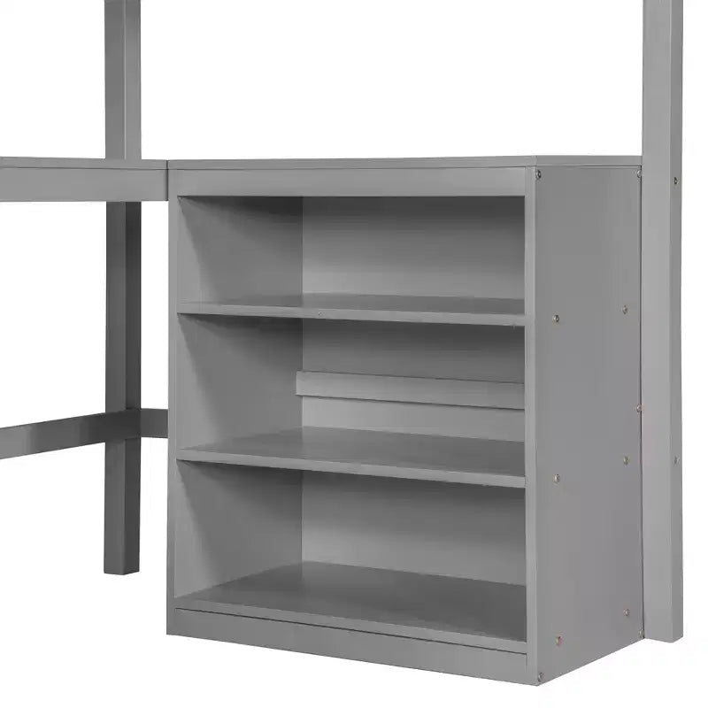 Lit mezzanine simple avec étagères et bureau - Pin massif, gris