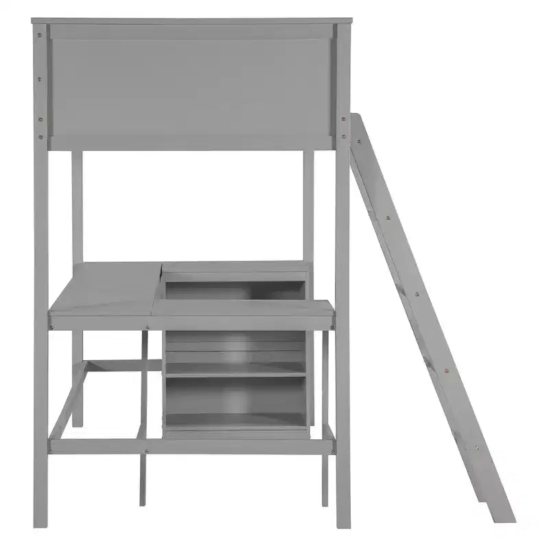 Lit mezzanine simple avec étagères et bureau - Pin massif, gris
