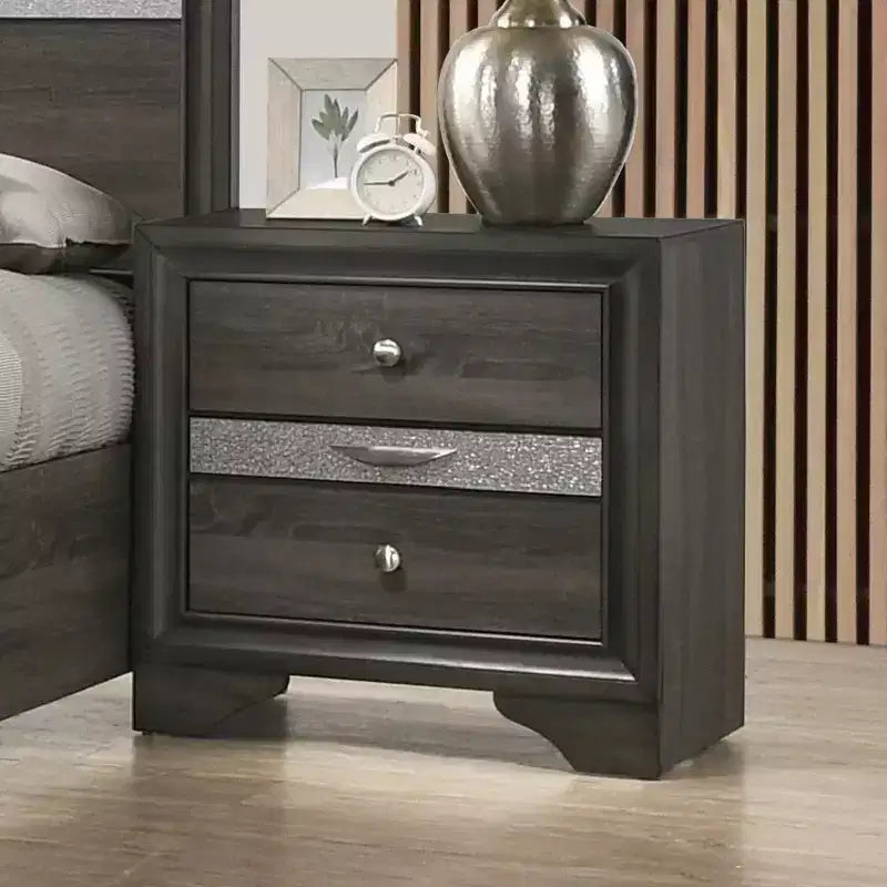 Table de chevet contemporaine avec tiroir à bijoux dissimulé - Gris, accents argentés