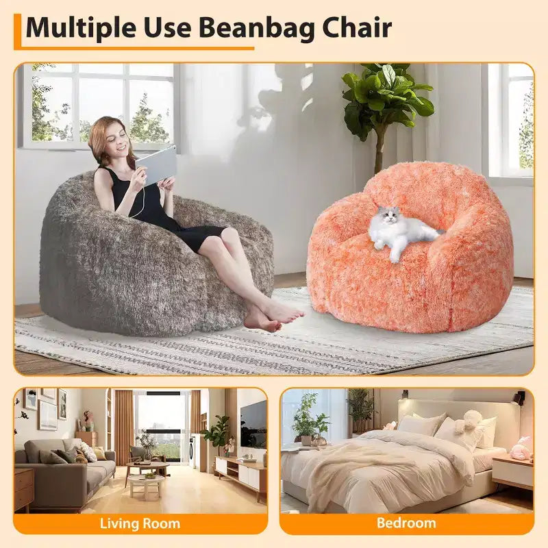 Fauteuil pouf en fausse fourrure pour adulte avec accoudoirs - Canapé de sol en mousse haute densité