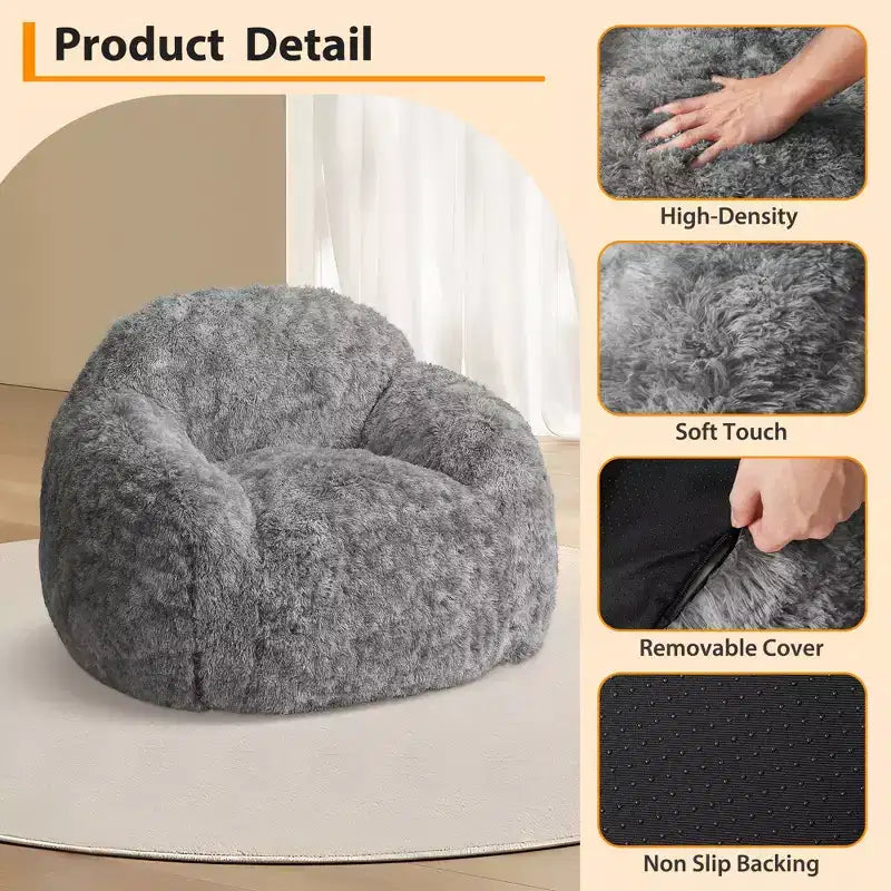 Fauteuil pouf en fausse fourrure pour adulte avec accoudoirs - Canapé de sol en mousse haute densité