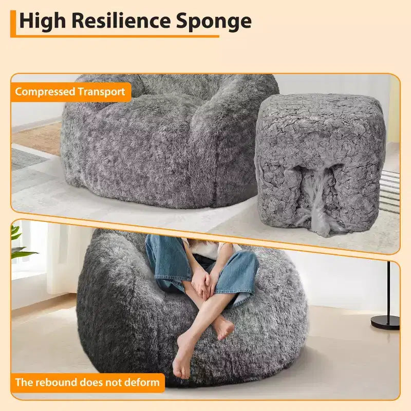 Fauteuil pouf en fausse fourrure pour adulte avec accoudoirs - Canapé de sol en mousse haute densité