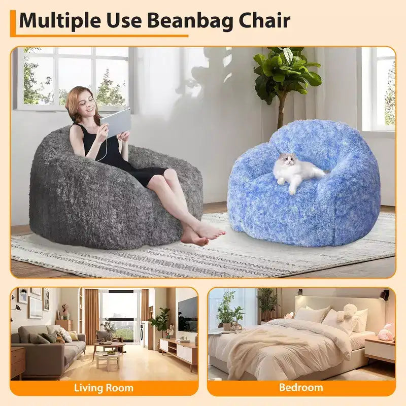 Fauteuil pouf en fausse fourrure pour adulte avec accoudoirs - Canapé de sol en mousse haute densité